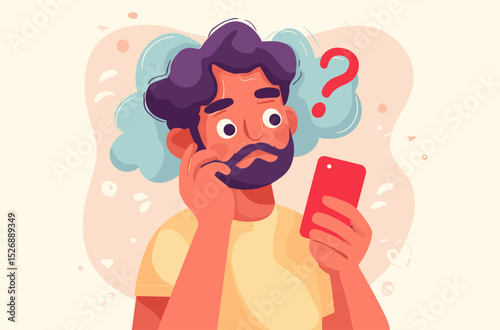 Confused Man With Smartphone: This illustration captures a moment of contemplation as a man grapples with the information on his smartphone.