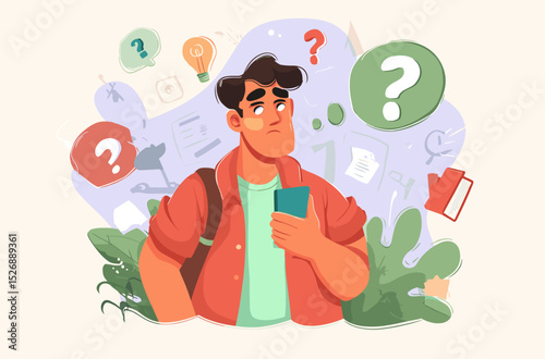 Introspection in the Digital Age: An illustration portrays a contemplative individual, pondering questions while holding a mobile phone, reflecting the complexities of modern thought and information.
