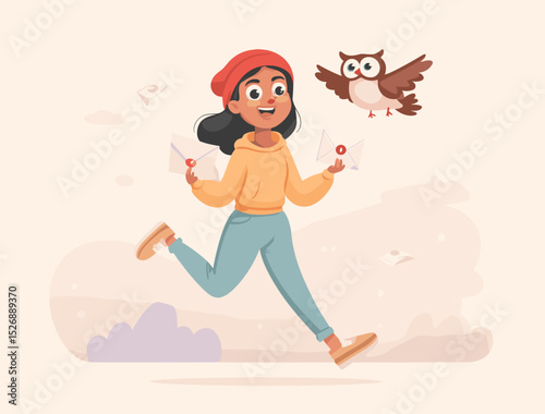 Chasing Delivery Dreams: A whimsical illustration depicts a young person joyfully delivering letters, guided by a friendly owl, representing the anticipation of written correspondence and community.