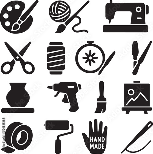 Vector Icon Set | Paint palette, yarn, sewing machine, glue gun, scissors, thread, embroidery, brush, canvas, pottery, tape, roller, handmade, needle