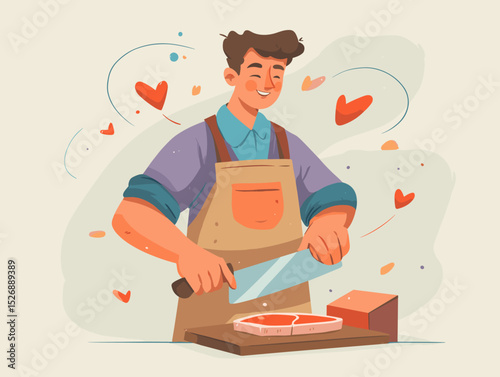 Butcher's Heartfelt Craft: An illustration of a butcher passionately cutting a piece of meat, surrounded by elements suggesting care and dedication.