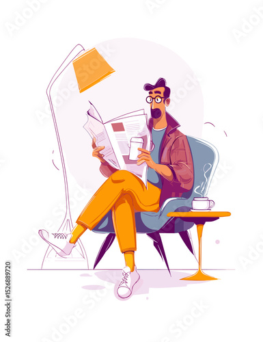 Man in Thought: A man in the serene moment, deeply engrossed in reading a newspaper in a comfortable chair, a cup of coffee at his side, under the soft glow of a reading lamp, the essence of tranquil.