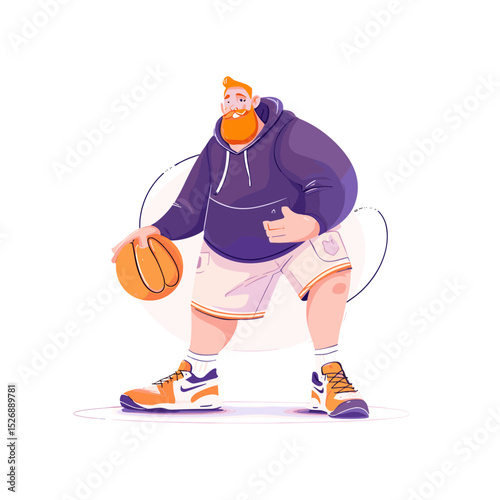 Basketball player cartoon: A red-haired man dribbles a basketball. He has on a hoodie, shorts and sneakers.