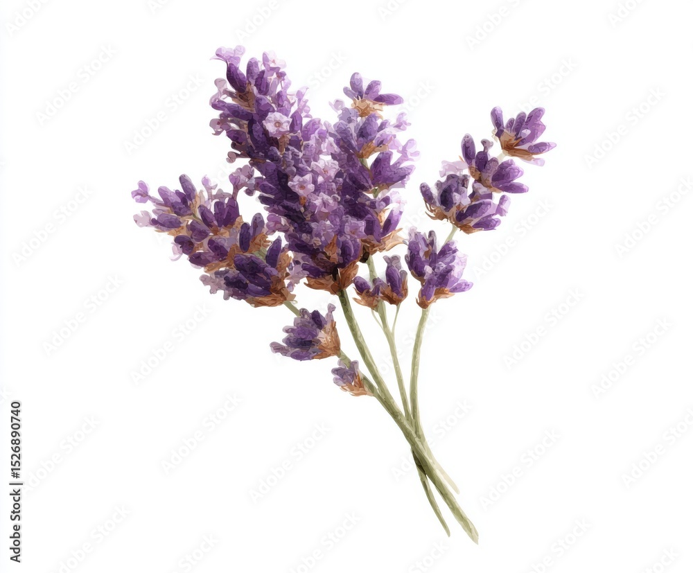 Obraz premium Watercolor Lavender Bouquet on White - Delicate Floral Illustration for Spring and Summer Designs (Isolated, Botanical, Purple, Aromatic)