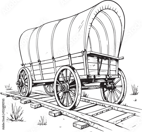 Oregon Trail Covered Wagon Vector Illustration, Sketch Drawing Line Linear Symbol Icon Engraving Coloring Book, Hand-drawn Black and White Isolated