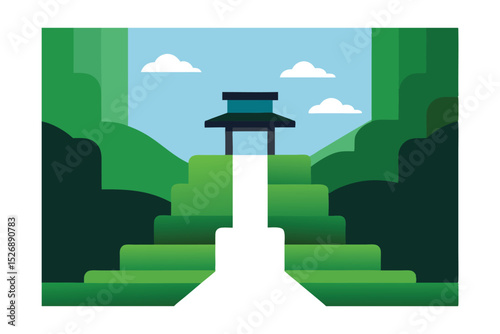 Waterfall Next to Mossy Path in Kyoto Vector Illustration