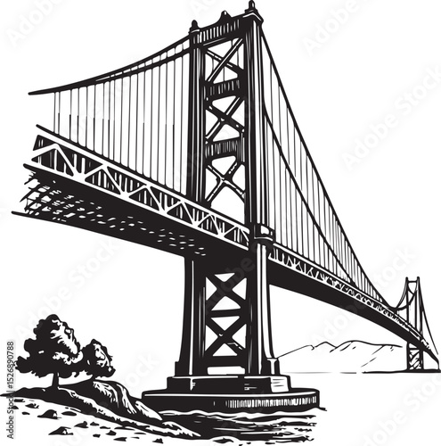 Bridge Vector Illustration, Sketch Drawing Line Linear Symbol Icon Engraving Coloring Book, Hand-drawn Black and White Isolated