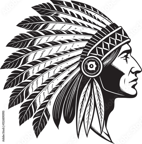 Indian headdresses Native American feather tribal costume, chief or shaman hat Vector Illustration, Sketch Drawing Line Linear Symbol Icon Engraving Coloring Book, Hand-drawn Black and White Isolated