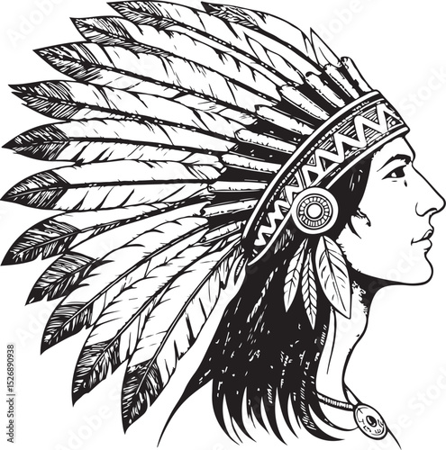 Indian headdresses Native American feather tribal costume, chief or shaman hat Vector Illustration, Sketch Drawing Line Linear Symbol Icon Engraving Coloring Book, Hand-drawn Black and White Isolated