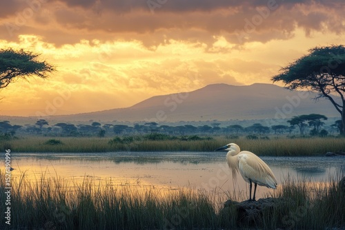 Squacco heron resting in Amboseli marshes under a dramatic sunset, A squacco heron rests in the marshes of Amboseli photo