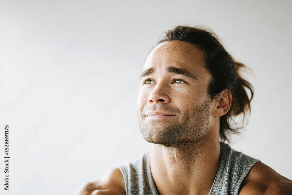 Obraz premium weightlifter resting with relaxed expression captured on left side of frame