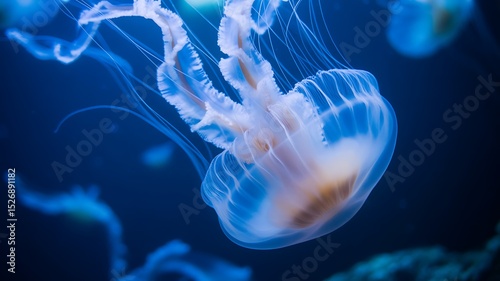 A close up shot of jellyfish swimming in the deep blue ocean with long flowing tentacles