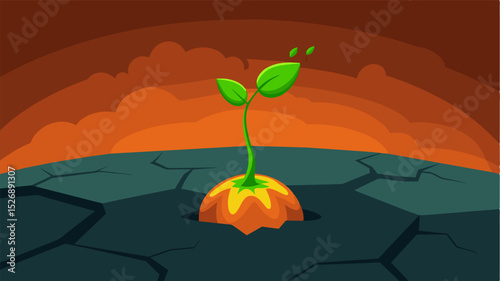 A tiny green sprout surrounded by deep gaping crevices in the scorched earth symbolizing the dire consequences of the ongoing climate crisis.. Vector illustration
