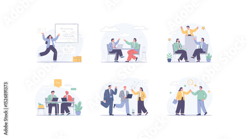 Diverse business team collaboration scenes flat illustrations