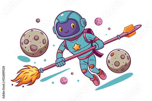Whimsical Space Witch A Cartoon Broomstick Character Soaring Through the Cosmos Design
