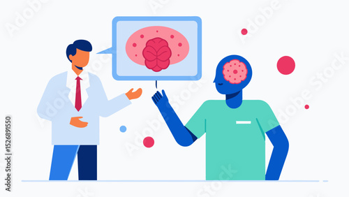 The doctor pointed out areas of inflammation and lesions on the brain scan signaling a possible autoimmune disease. He carefully described the disease and its potential effects on. Vector illustration
