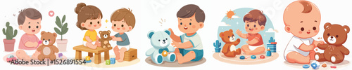 Vector of a baby playing with a bear doll