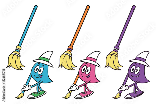 Whimsical Animal Character Illustration with Broomsticks in a Unique Style for Creative Projects