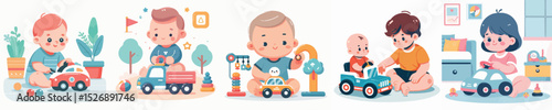 Vector of a baby playing with a car toys
