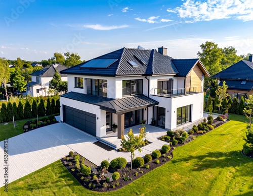 High-resolution drone photo showing a modern house in a suburban neighborhood with garden and driveway. Perfect for real estate listings, property development, neighborhood planning, and drone mapping
