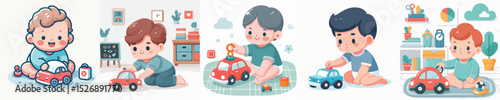 Vector of a baby playing with a car toys