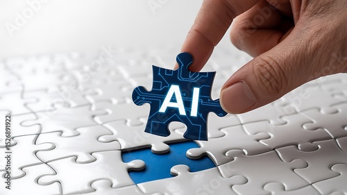 Hand placing ai puzzle piece into jigsaw puzzle with missing piece on white background