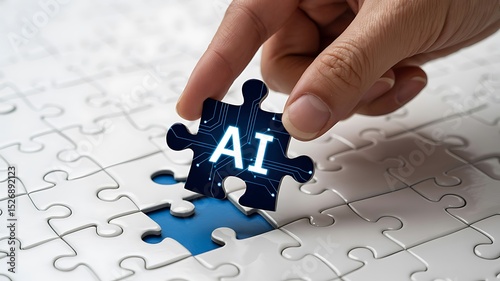 Hand placing ai puzzle piece into jigsaw puzzle with missing piece on a white background