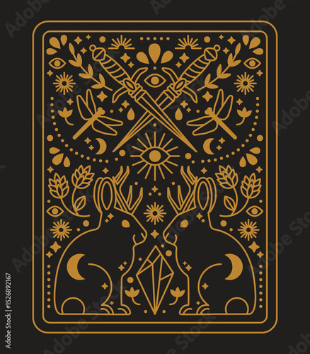 Mystical Jackalope Tarot Card Design – Folk Art Symbol Vector