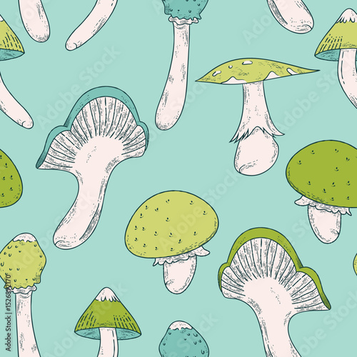 Green Mushroom Seamless Pattern – Hand-Drawn Fungi on Aqua Background
