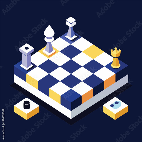 Isometric chess Board and pieces. Chess icons. Board game vector art