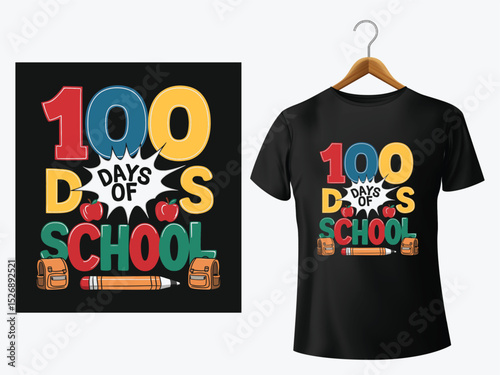 Colorful design celebrating one hundred days of school decorated on a black t shirt and isolated