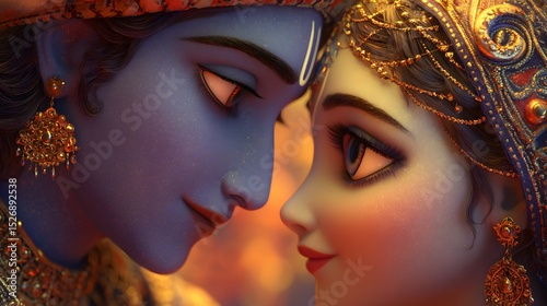 3D Close-Up Portrait of Radha and Krishna Gazing Lovingly at Each Other with Glowing Background