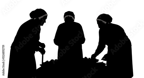 Elderly women at a market interacting on a transparent background