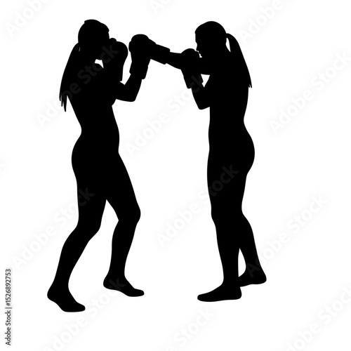 Two female silhouettes boxing while practicing in a gym  