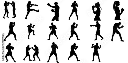Silhouettes of boxers in various fighting poses against a white background  