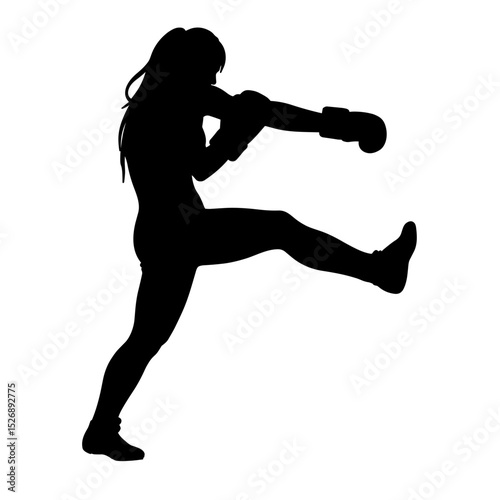 Female kickboxer striking a pose with boxing gloves in silhouette  