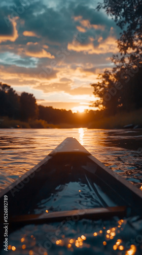 Canoe on River at Golden Sunset with Reflections and Warm Light. Soft Focus. Generative AI