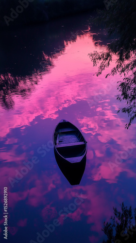 Boat floating on river reflecting vivid pink sunset clouds. Generative AI
