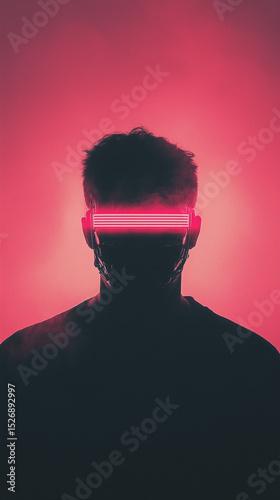 Futuristic man with neon visor in cyberpunk lighting. Generative AI