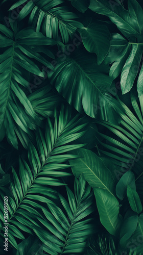 Lush tropical green leaves natural foliage background. Summer nature wallpaper. Generative AI