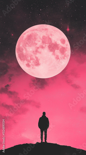 Silhouette of person gazing at giant moon in night sky with pink light. Wall art poster, wallpaper. Generative AI