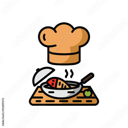vector icons cooking food chef hat include a pizza slice, a sushi roll, spaghetti and meatballs, a curry bowl burger , fish 
