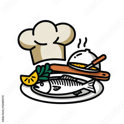 vector icons cooking food chef hat include a pizza slice, a sushi roll, spaghetti and meatballs, a curry bowl burger , fish 
