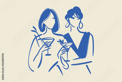 Women with cocktails minimal blue line sketch vector illustration

