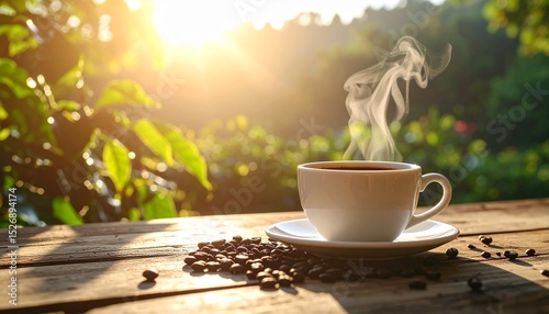 Steaming Cup on Rustic Wooden Table with Beans