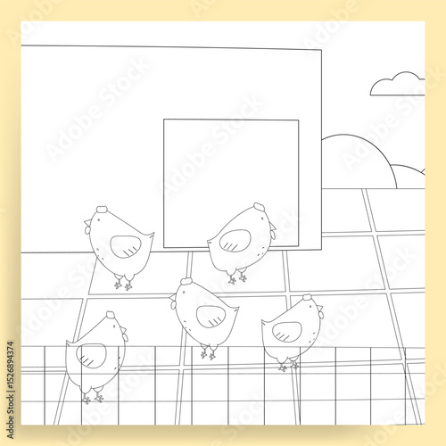 chickens in a henhouse, coloring page 
