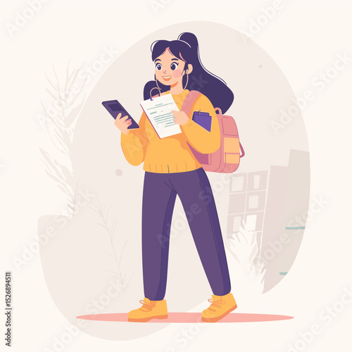 Student's Stroll: A cheerful illustration depicting a student walking, engrossed in her tablet and notes, earbuds plugged in, and a backpack casually slung over her shoulder.