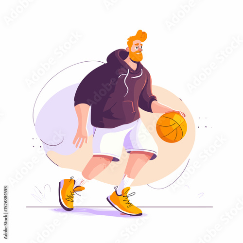 Basketball Player Dribbling: An illustration captures a dynamic basketball player skillfully dribbling the ball, exuding focus and athleticism in a striking and vibrant composition.