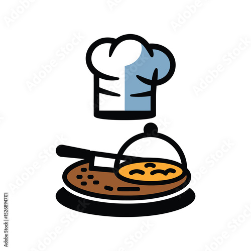 vector icons cooking food chef hat include a pizza slice, a sushi roll, spaghetti and meatballs, a curry bowl burger , fish 
