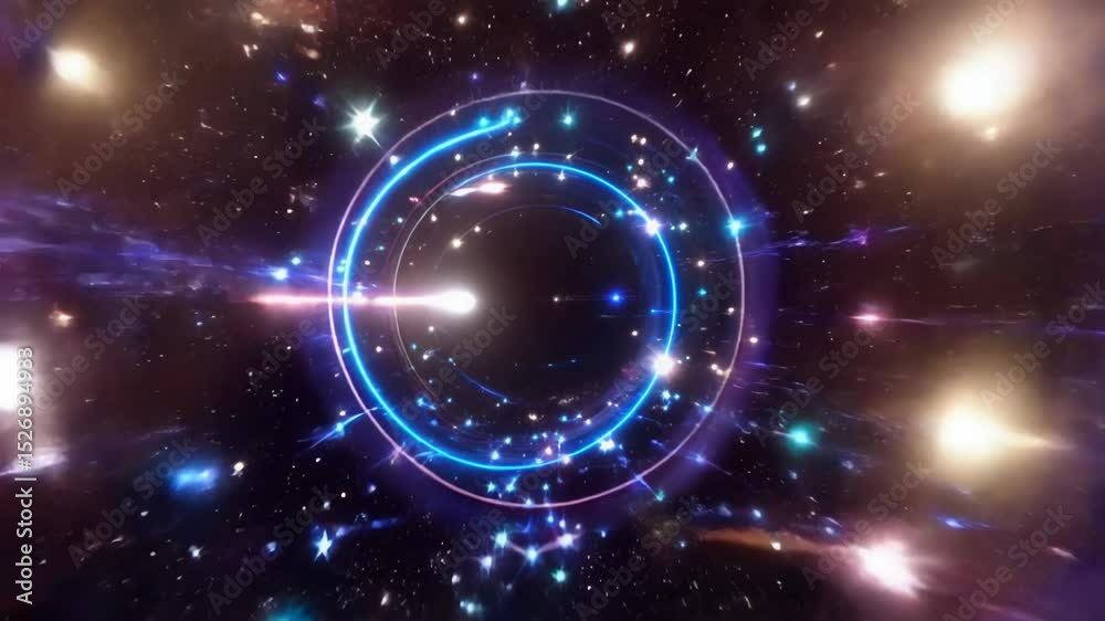 Cosmic portal or wormhole with glowing energy rings in deep space. Sci-fi tunnel with stars and nebula. Perfect for futuristic, space travel and fantasy content.